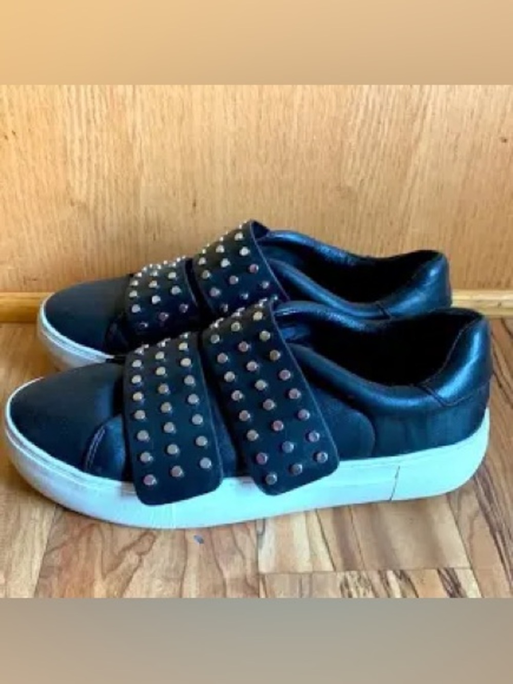 J Slides NYC Accent 6-1/2 black leather silver studs straps slip on sneakers EUC